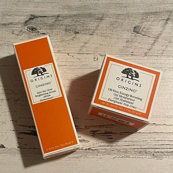 ORIGINS GINZING Into the Glow Brightening Serum 1oz FULL SIZE + GEL MOISTURIZER - Picture 2 of 2